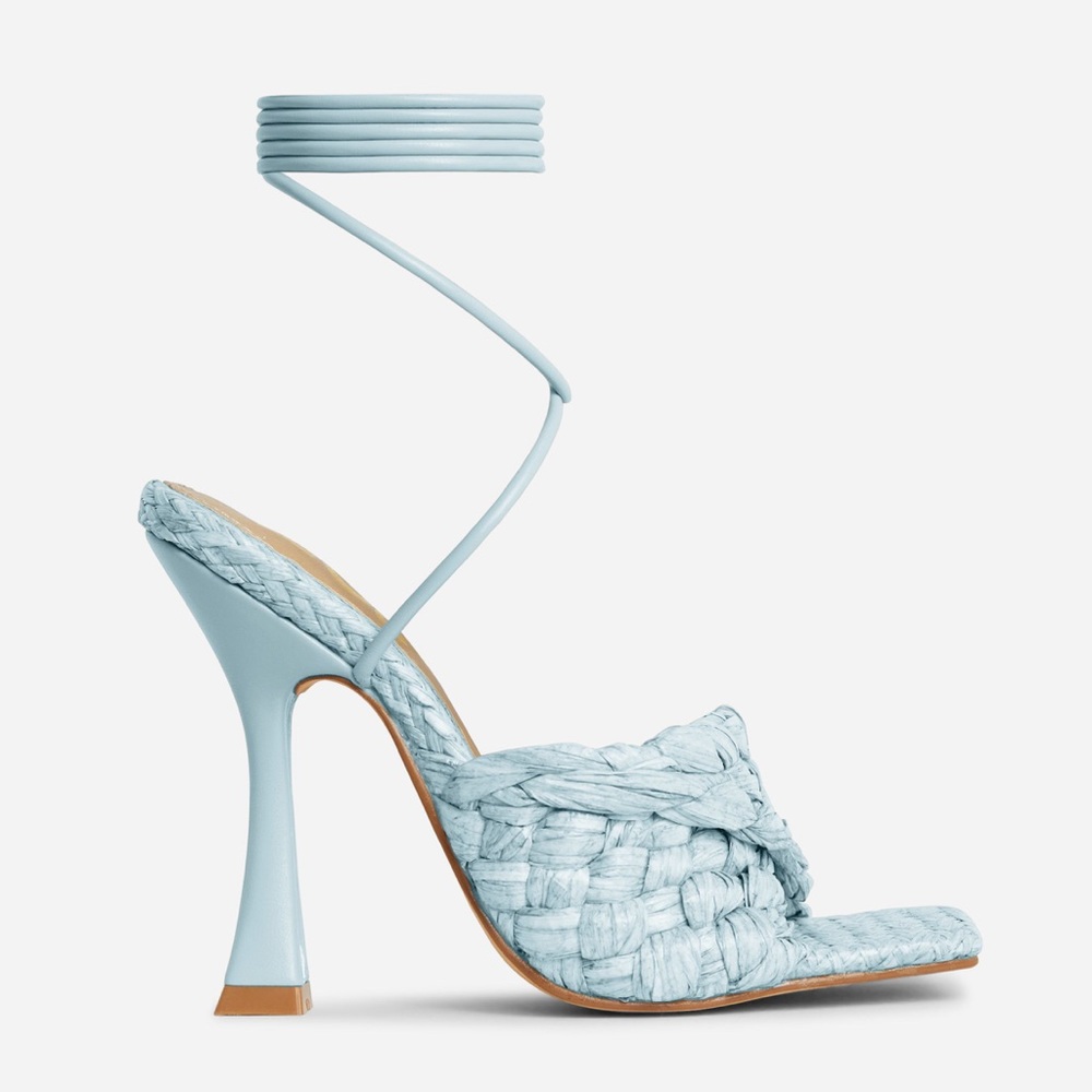 Light blue straw raffia strappy heel ankle strap wrap mule woven sandals - Picture 5 of 5